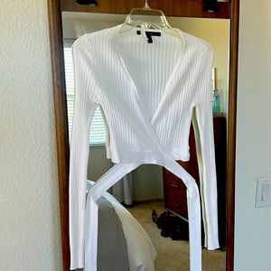 WHBM White Ribbed Wrap Front Crop Cardigan